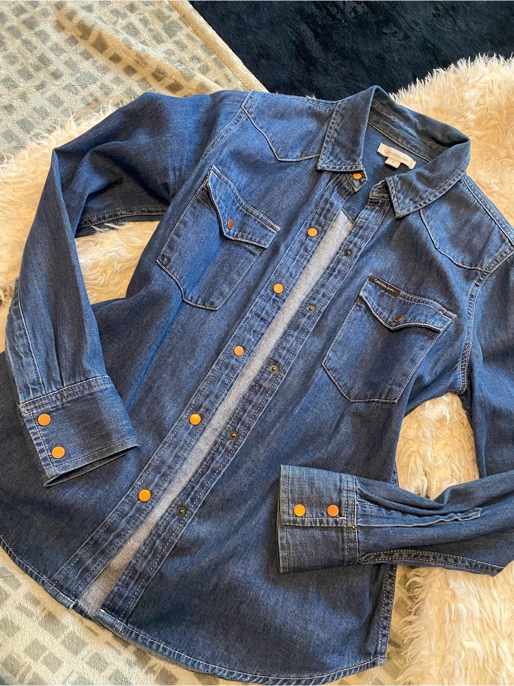 Calvin Klein Jeans Dark Blue Denim Button-Down Shirt with Orange Snap Accents